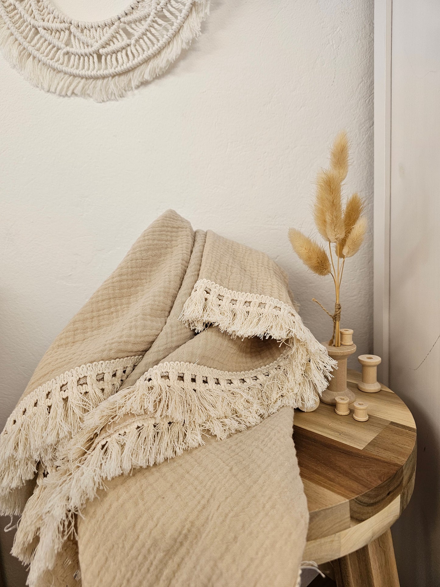Ruban à franges Boho beige 4 cm de large