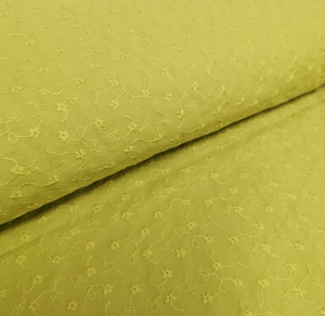 Tissu coton broderie fleur citron vert